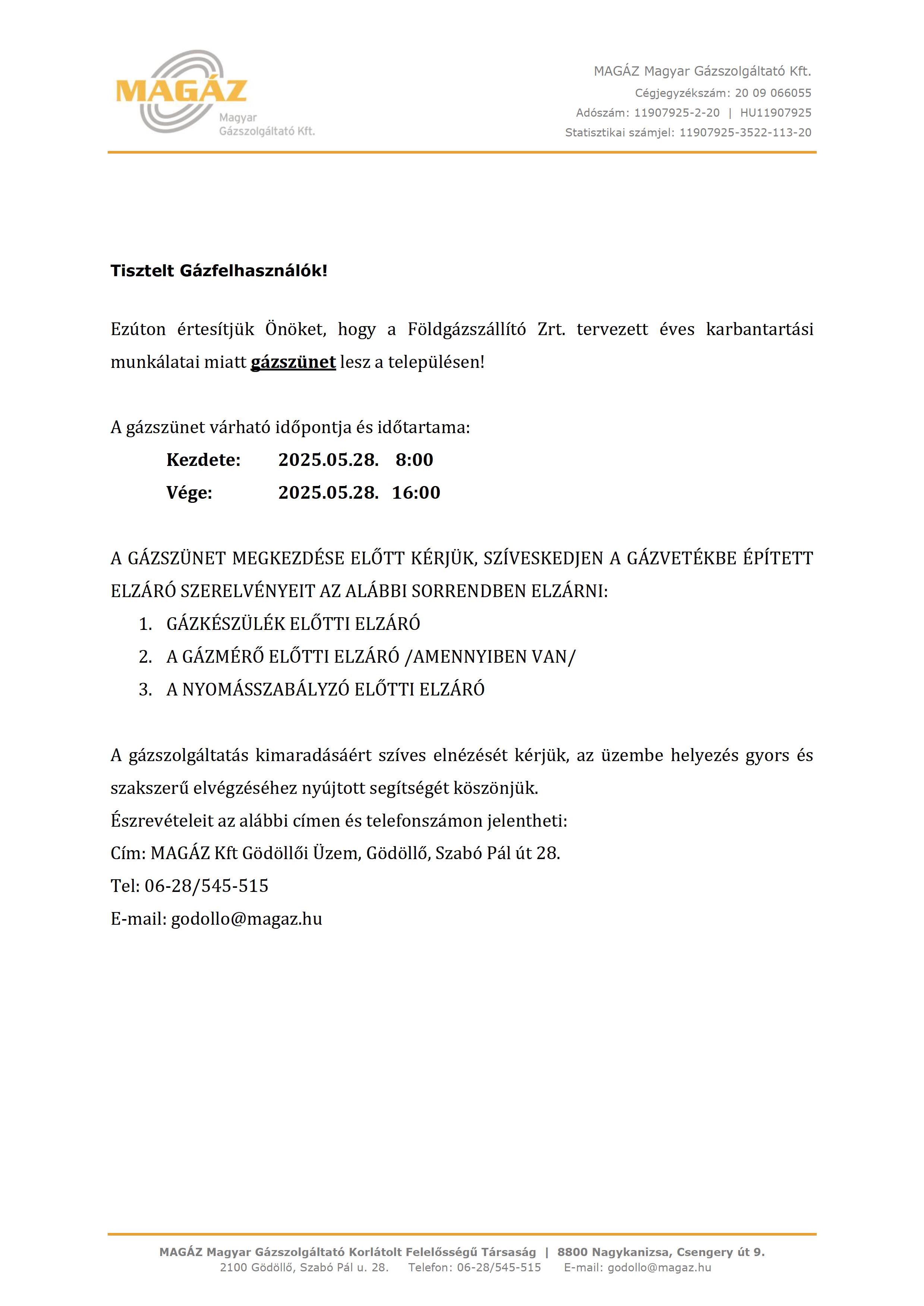 Gázszüneti értesítő 2025