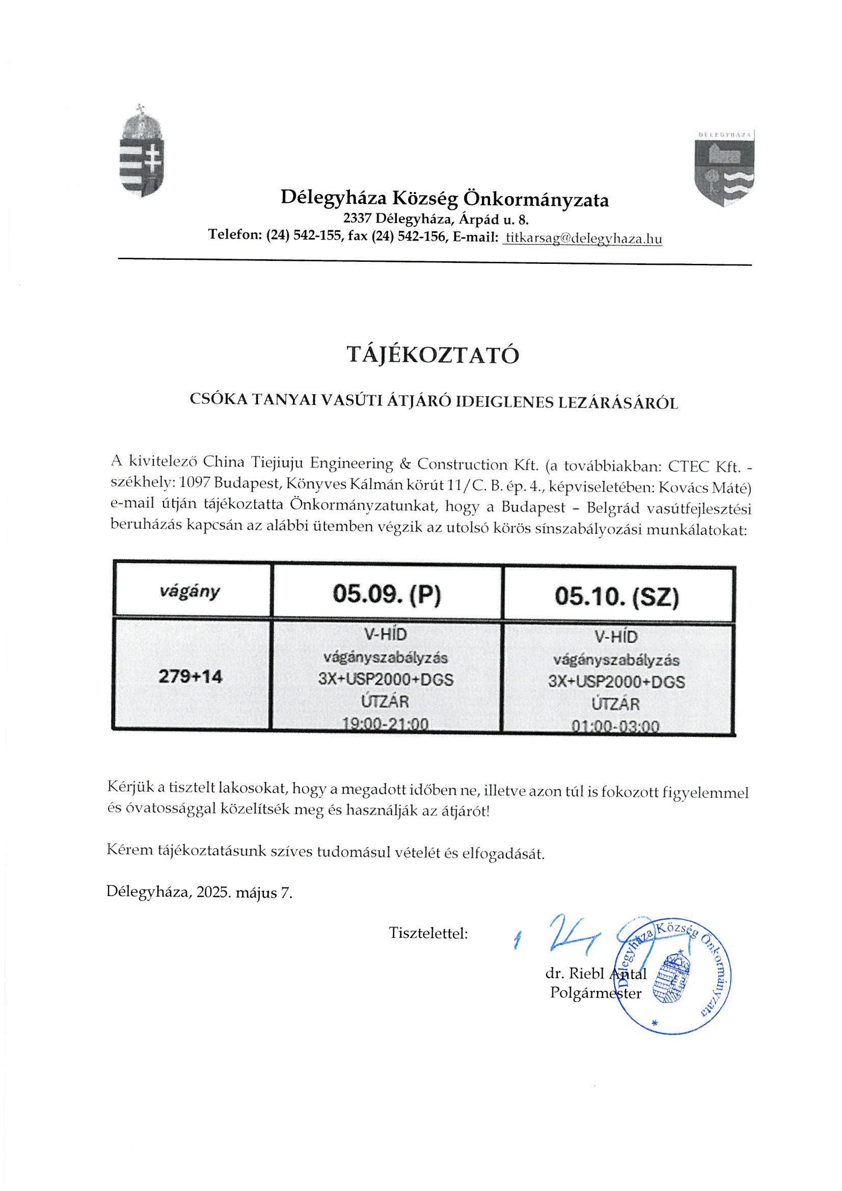 Útátjáró lezárás sínszabályzás miatt HIRDETŐRE 2